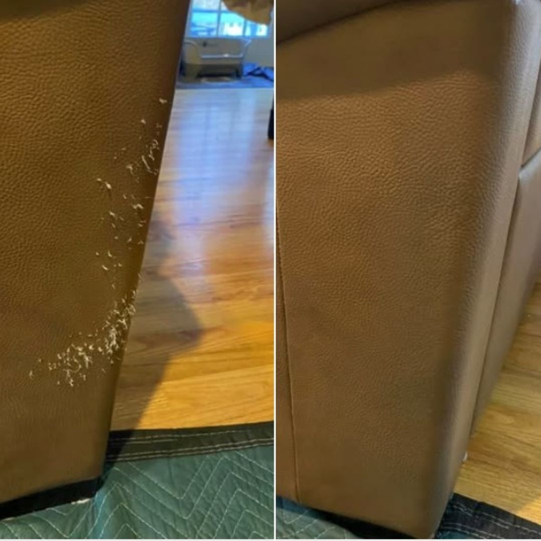 before and after of restored sofa