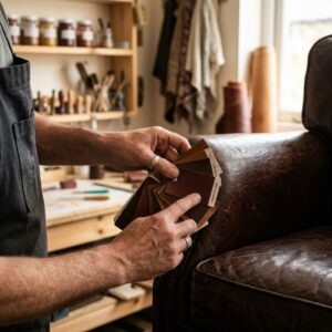 Close-up of a skilled artisan's hands holding a fan of brown leather color swatches against a worn brown leather armchair to find a perfect color match in a workshop.