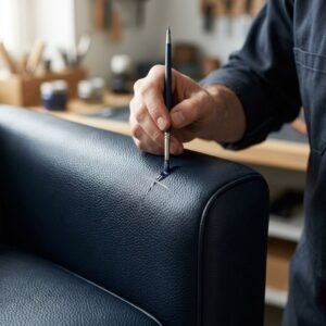 Close-up of a technician's hand using a thin precision paintbrush to restore a scratch on the armrest of a dark blue leather sofa.