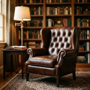 A classic tufted brown leather wingback club chair sitting next to a small side table and lamp in a cozy, warm-lit home library with bookshelves.