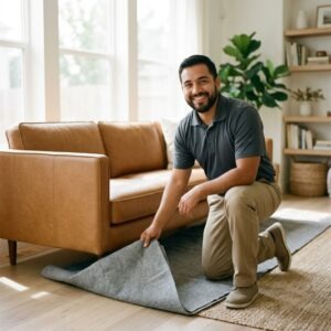 A friendly, professional technician in a grey uniform smiling as he places a protective cloth on the floor next to a modern tan leather sofa.