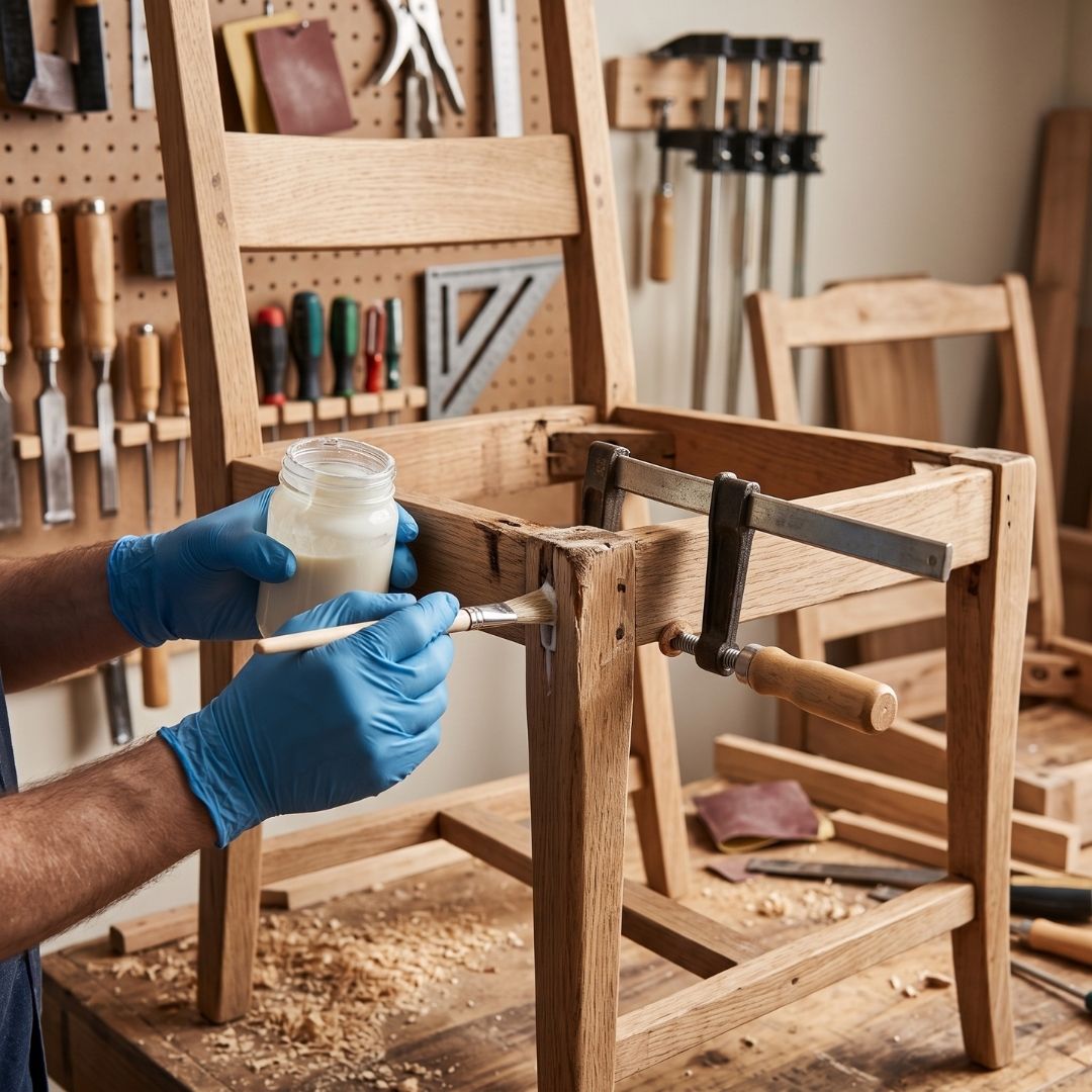 A technician applies adhesive to reinforce a clamped wooden chair frame in a workshop.