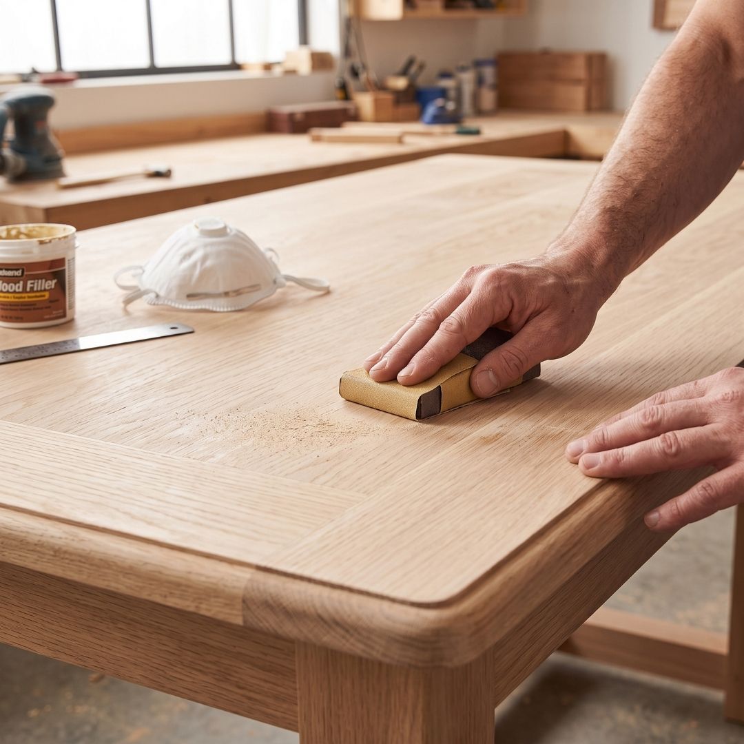 A craftsman uses a sanding block to smooth the surface of a light wooden dining table.