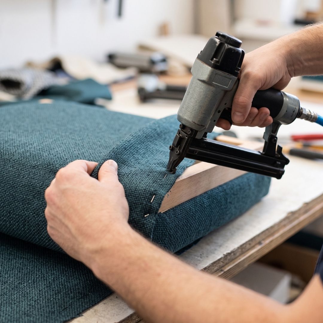 A technician uses a pneumatic staple gun to attach new green fabric onto a dining chair seat frame.