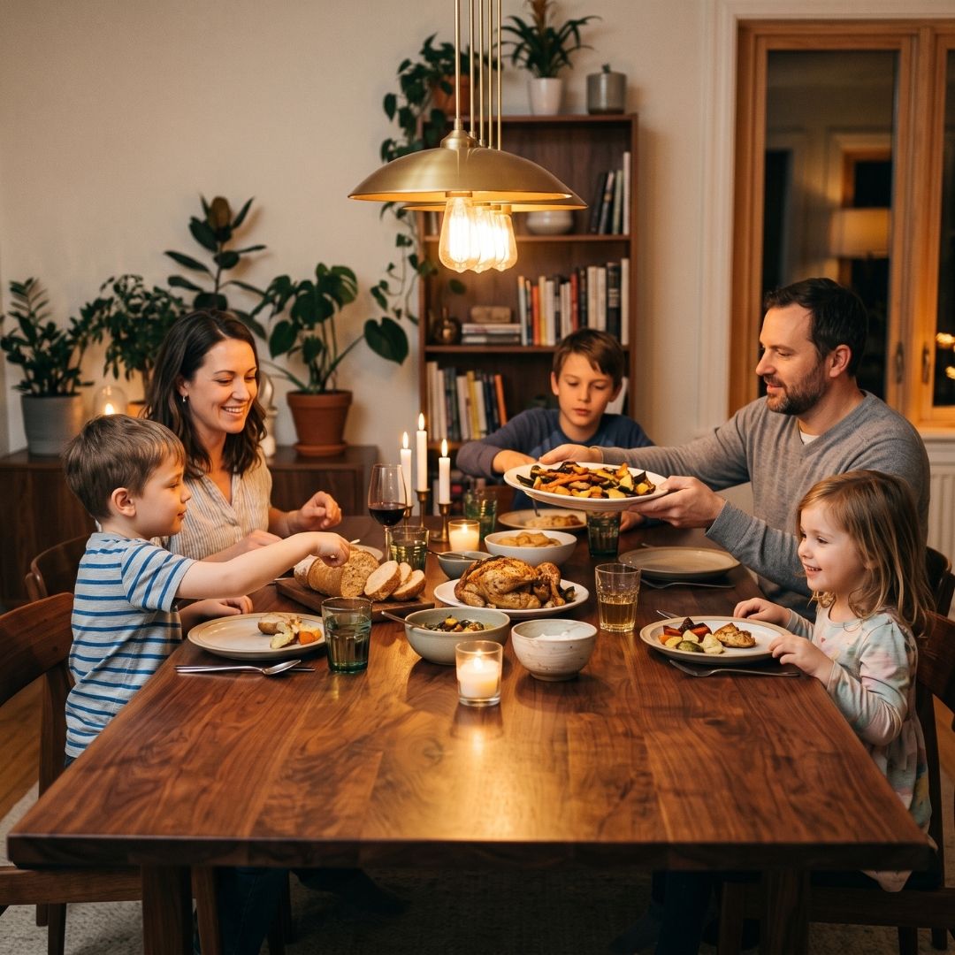 A family shares a dinner meal around a polished wooden dining table in a warmly lit home.