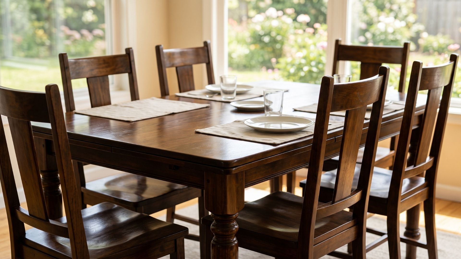 A restored wooden dining table and chair set arranged neatly in a bright, sunlit dining room.