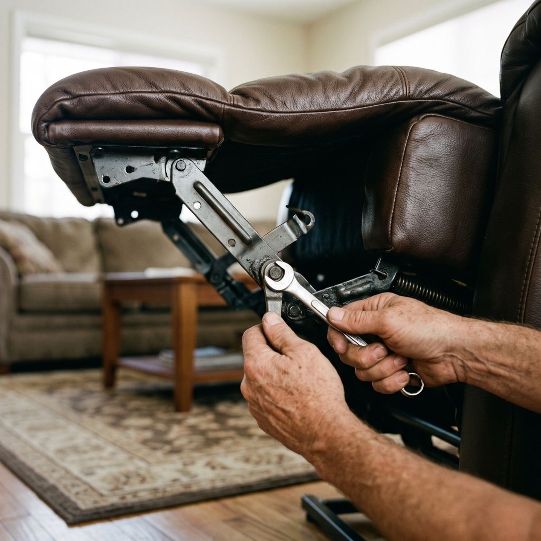 Technician adjusting a recliner frame mechanism