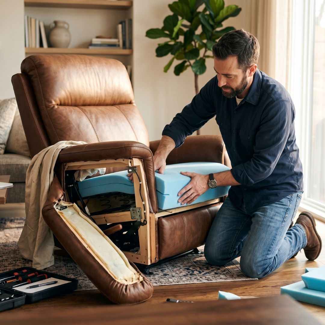 Technician rebuilding cushion padding in a recliner