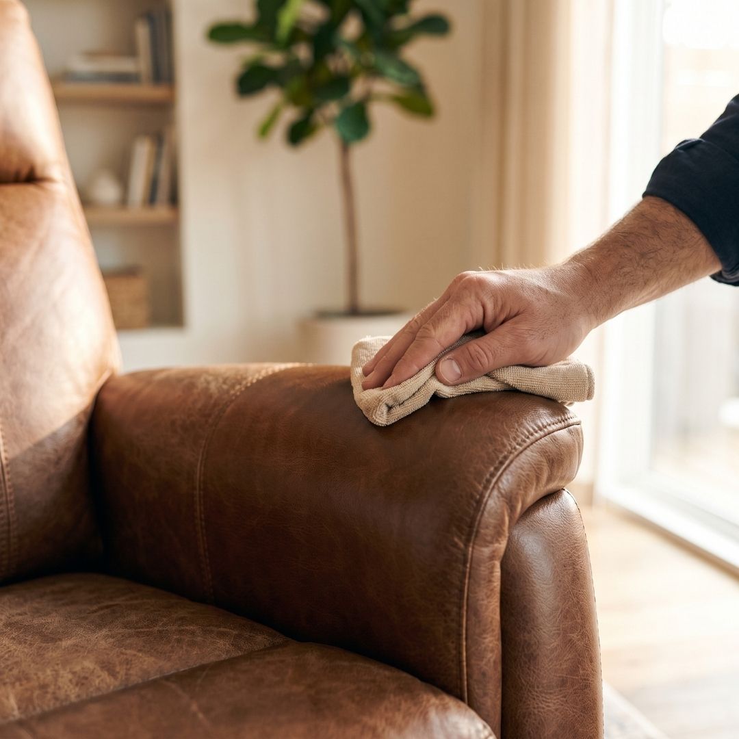 Technician applying conditioner to a leather recliner armrest