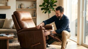 Technician inspecting a brown leather recliner