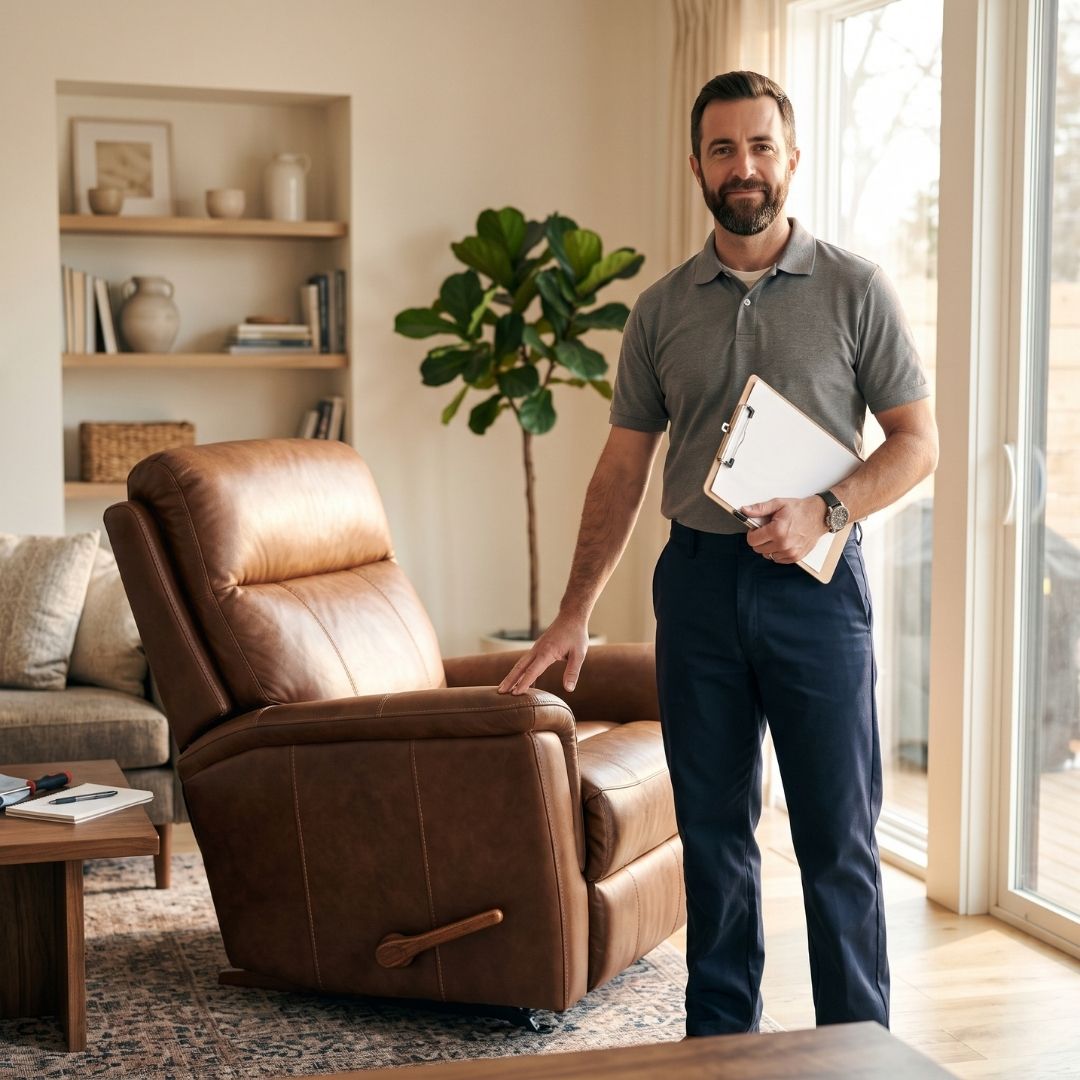 Technician standing beside a restored leather recliner
