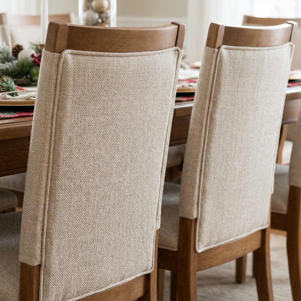 Close-up of spotlessly clean fabric dining chairs with crisp textured upholstery neatly pushed in around a dining table.