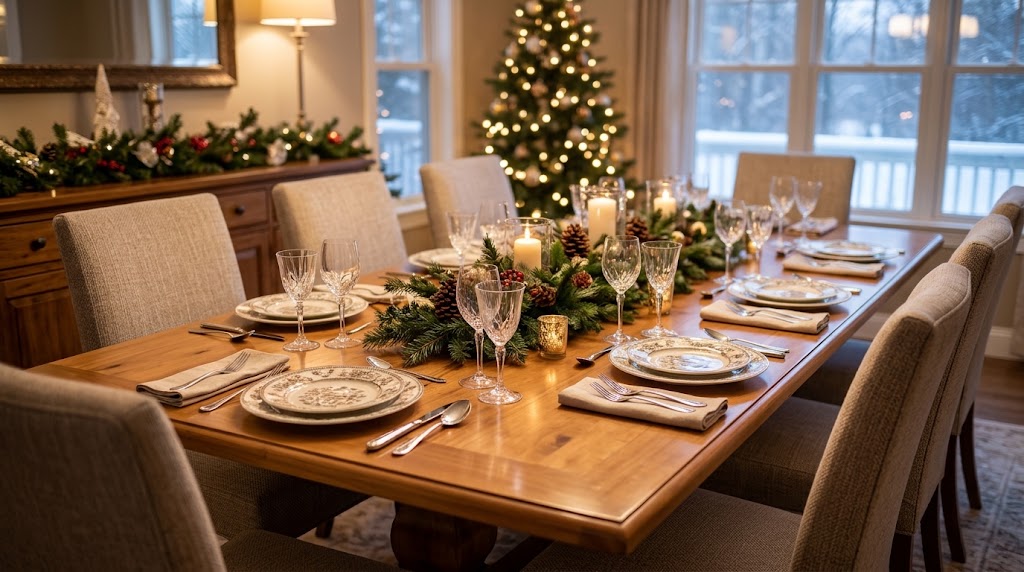 A beautifully decorated holiday dining table with a polished wood finish, elegant tableware, sparkling glassware, and immaculate upholstered dining chairs arranged in a warm, welcoming dining room.
