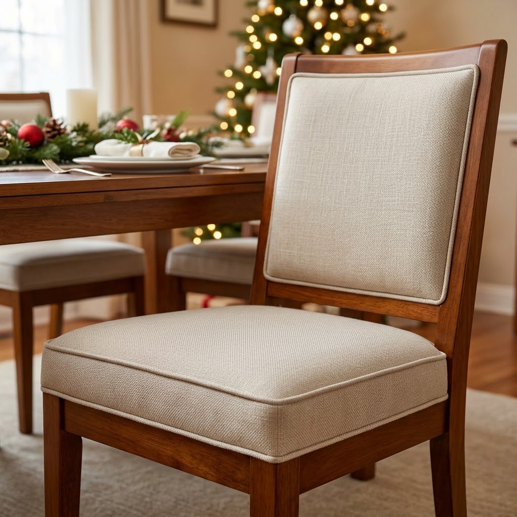 A restored, supple leather dining armchair with a smooth, nourished finish sitting elegantly beside a festive table setting.