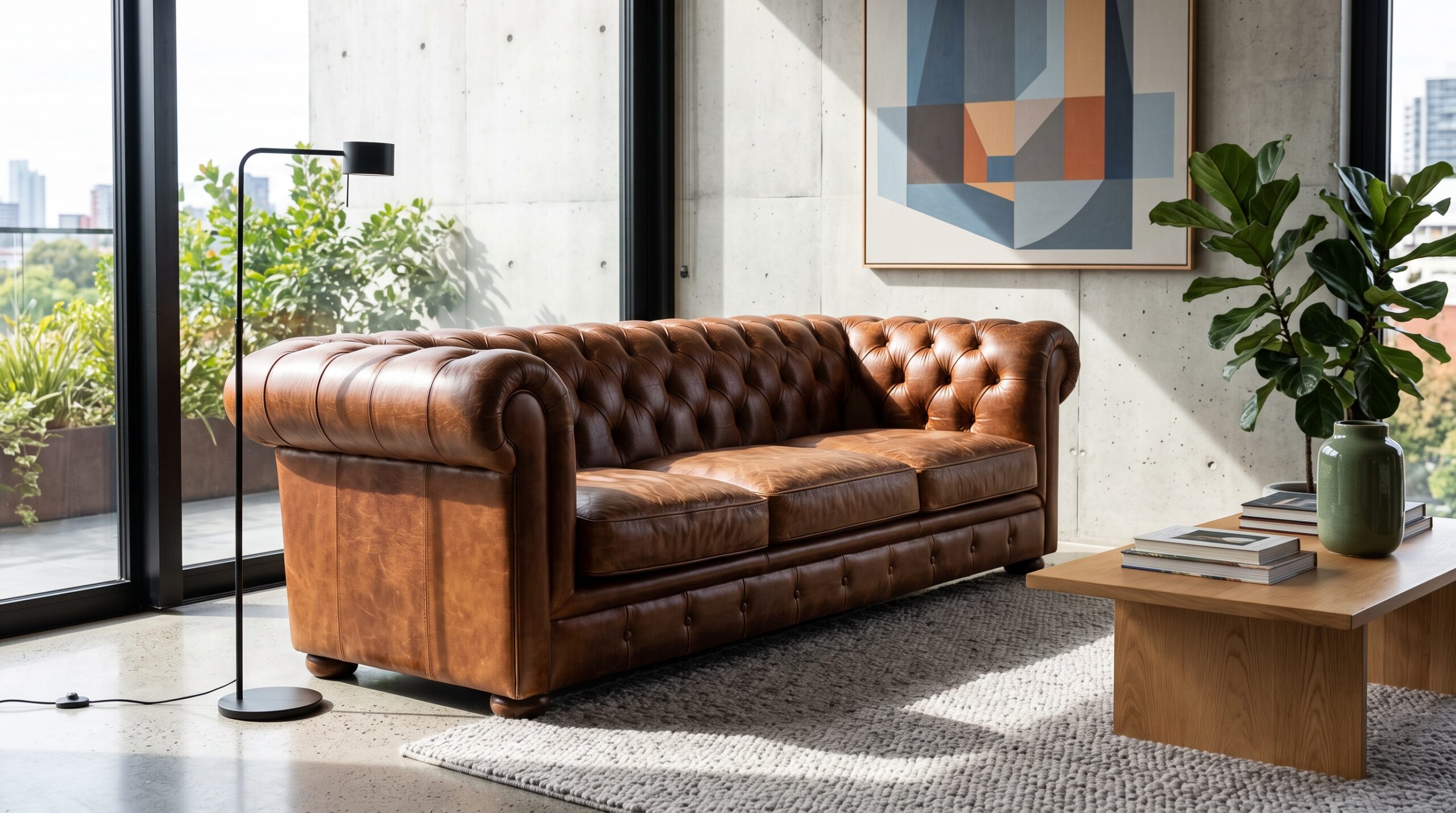 eautifully restored brown leather couch in a bright living room