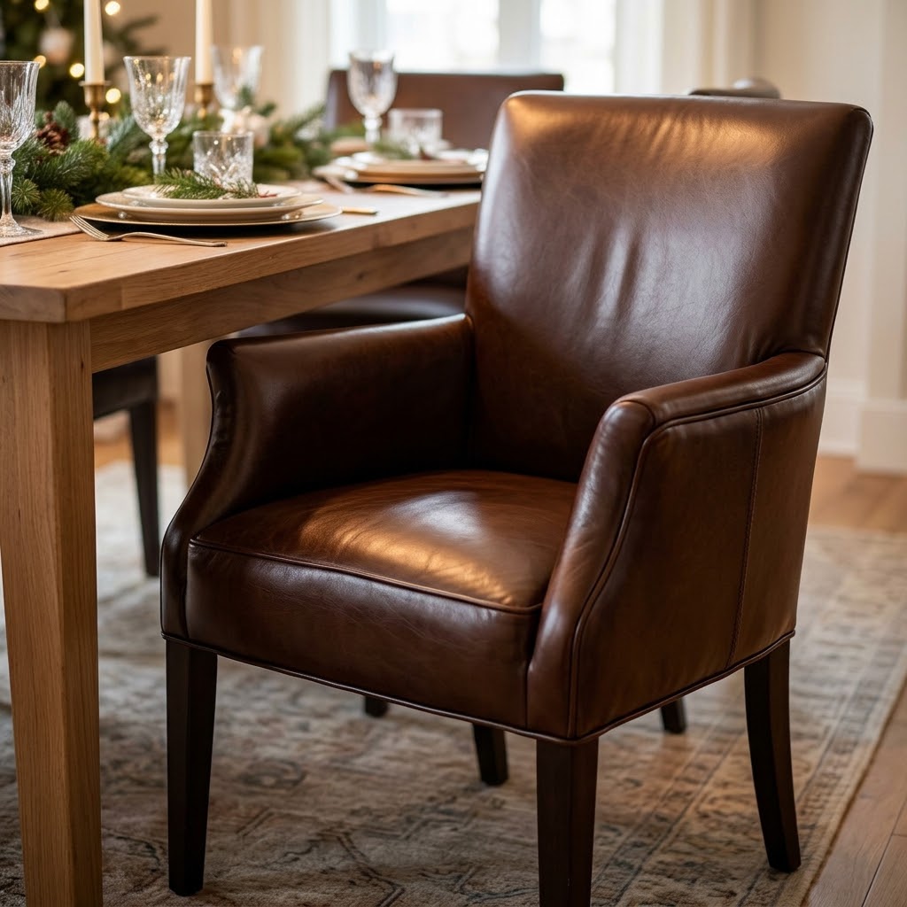 A restored, supple leather dining armchair with a smooth, nourished finish sitting elegantly beside a festive table setting.
