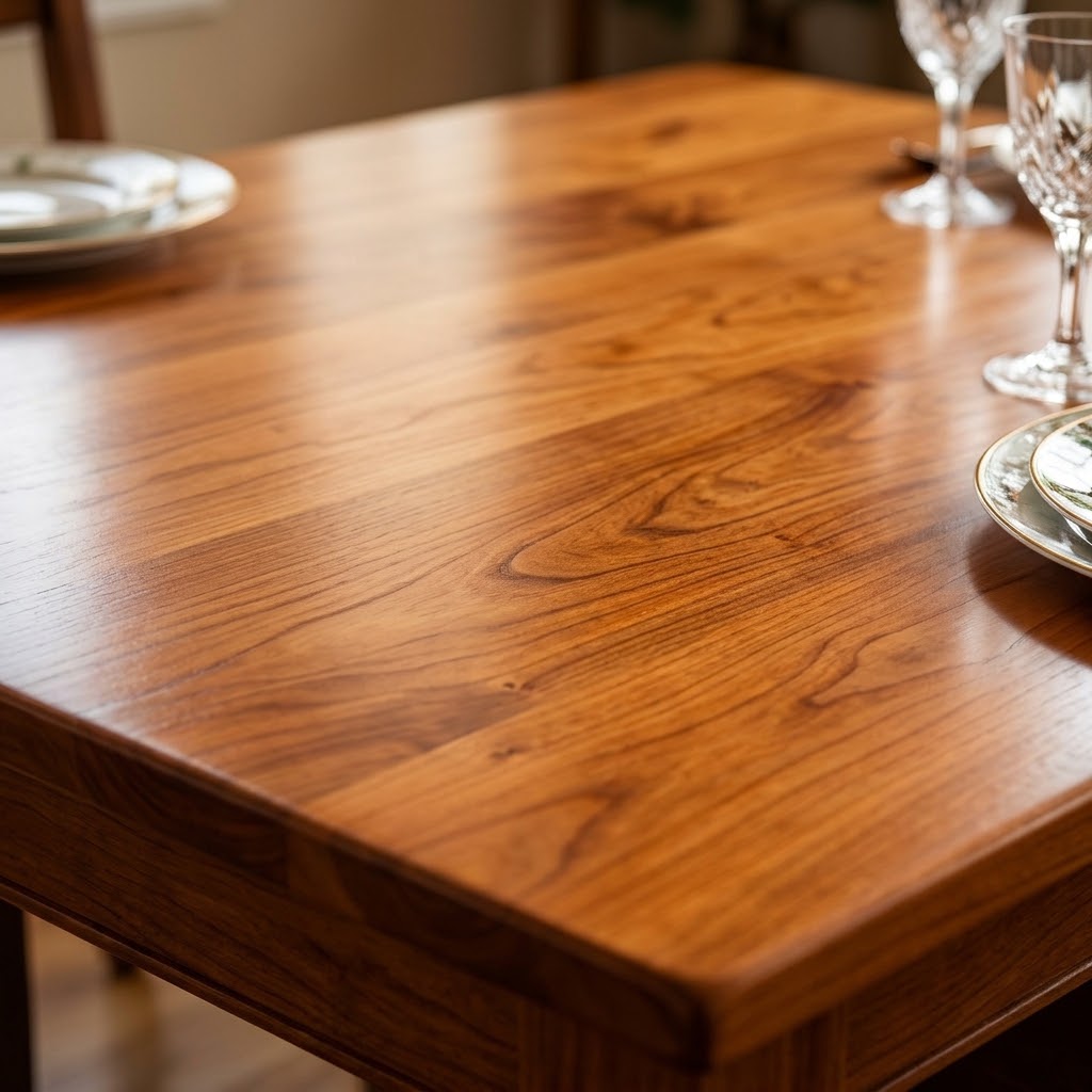Close-up of a richly polished hardwood dining table top showing smooth wood grain and a flawless, gleaming finish.
