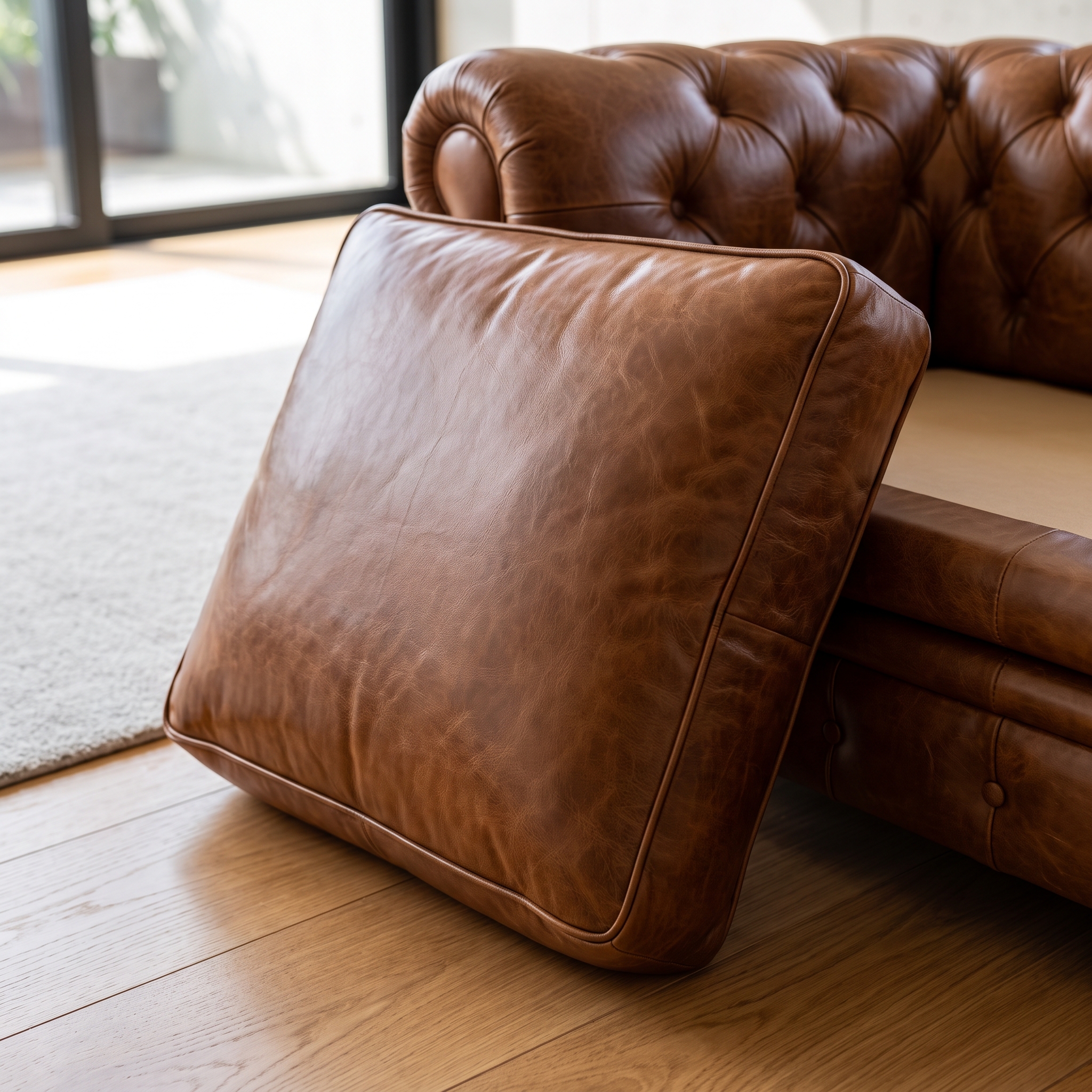 Restored, firm, and supportive leather couch cushion