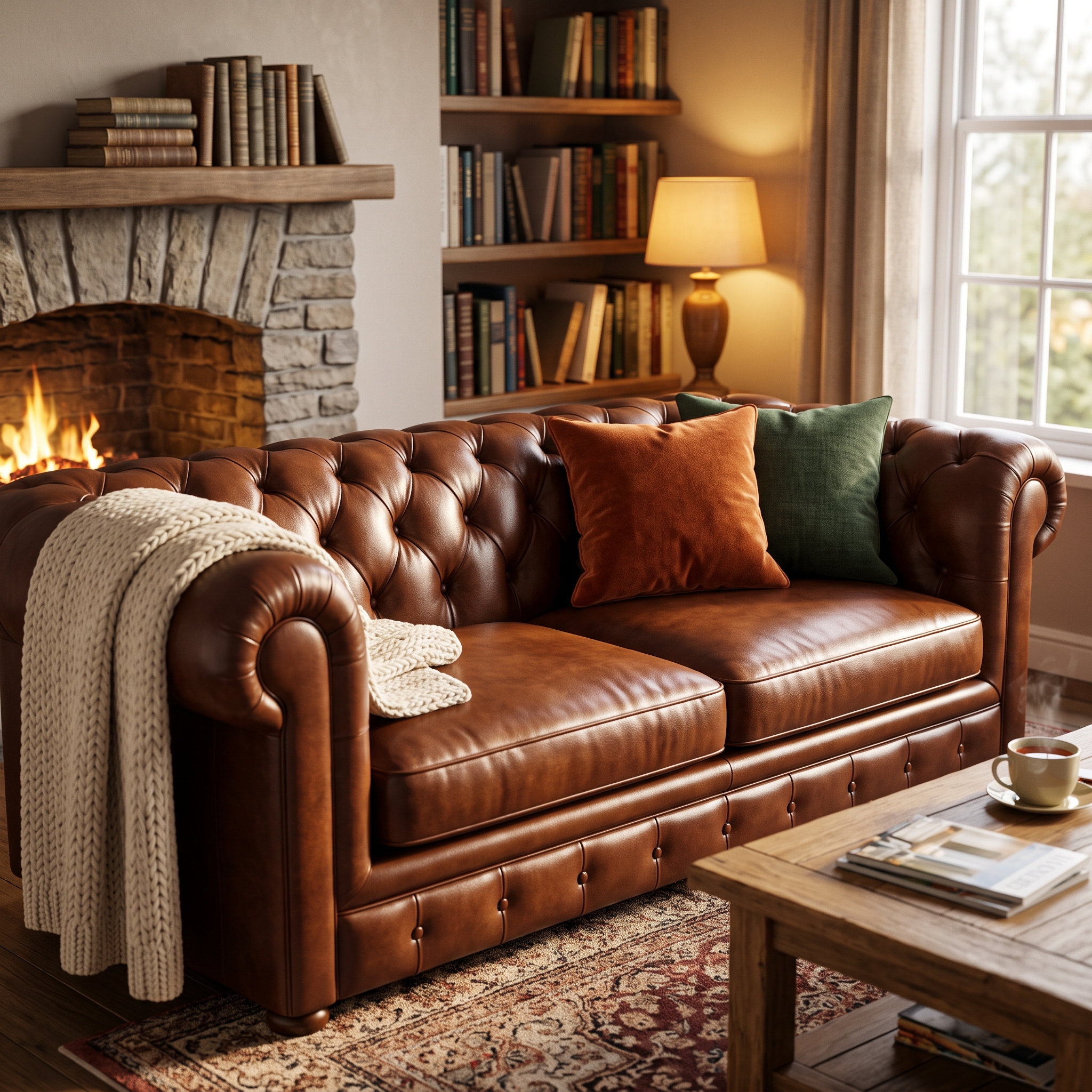Polished and conditioned leather sofa in a family room